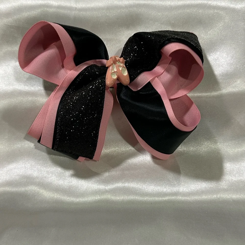 Black & Pink Glitter Hair Bow w/Ballet Shoe Charm- bundle and save on shipping